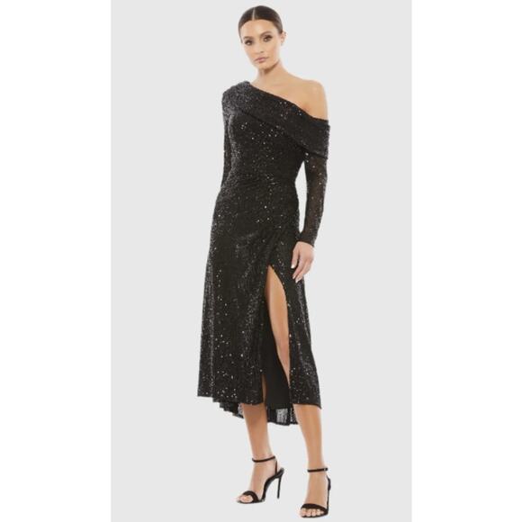 IEENA for Mac Duggal Dresses & Skirts - IEENA for Mac Duggal 26551 One Shoulder Sequin Long Sleeve Midi Dress Size 2